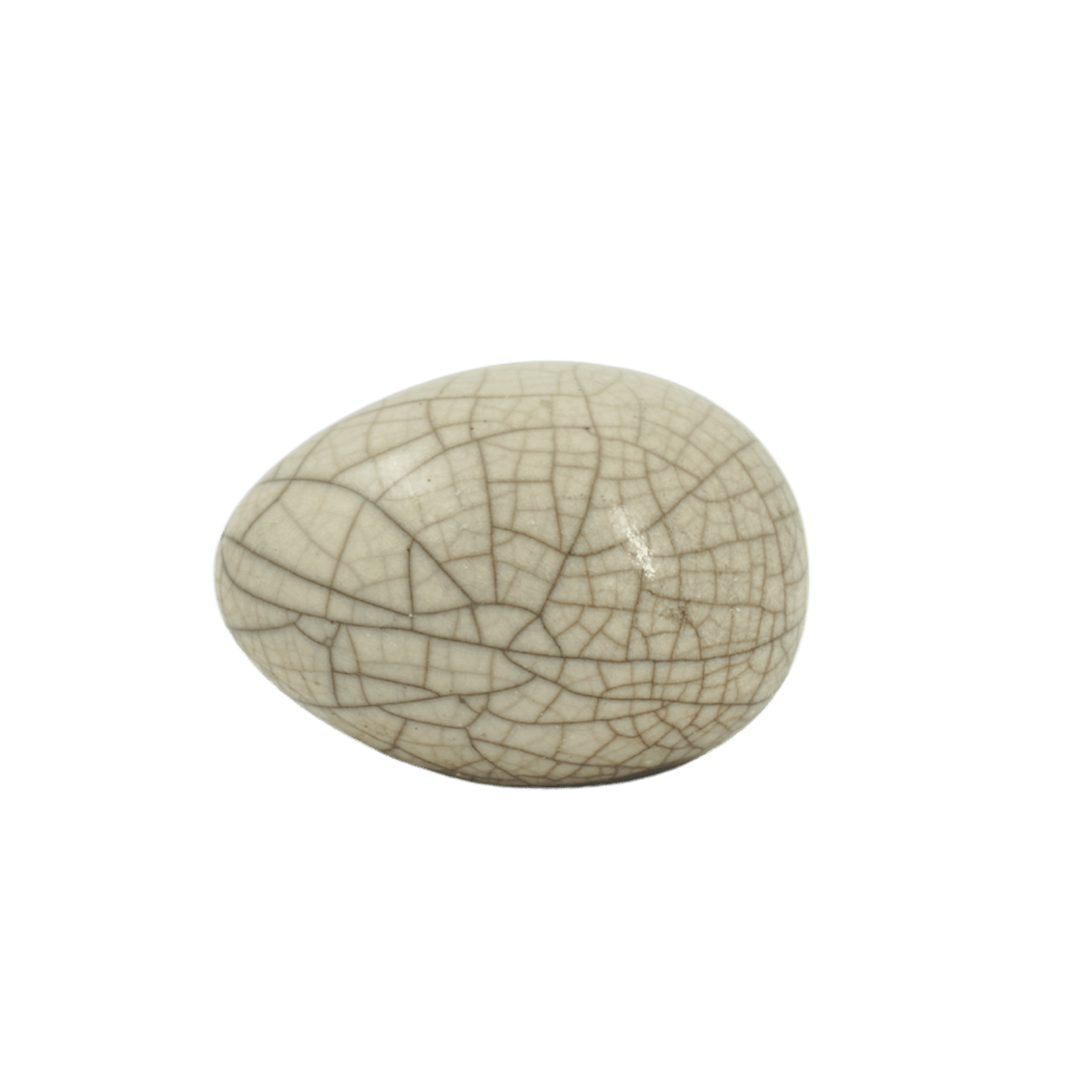 Rakubränt ägg i keramik med vit dekor och vackra krackeleringar