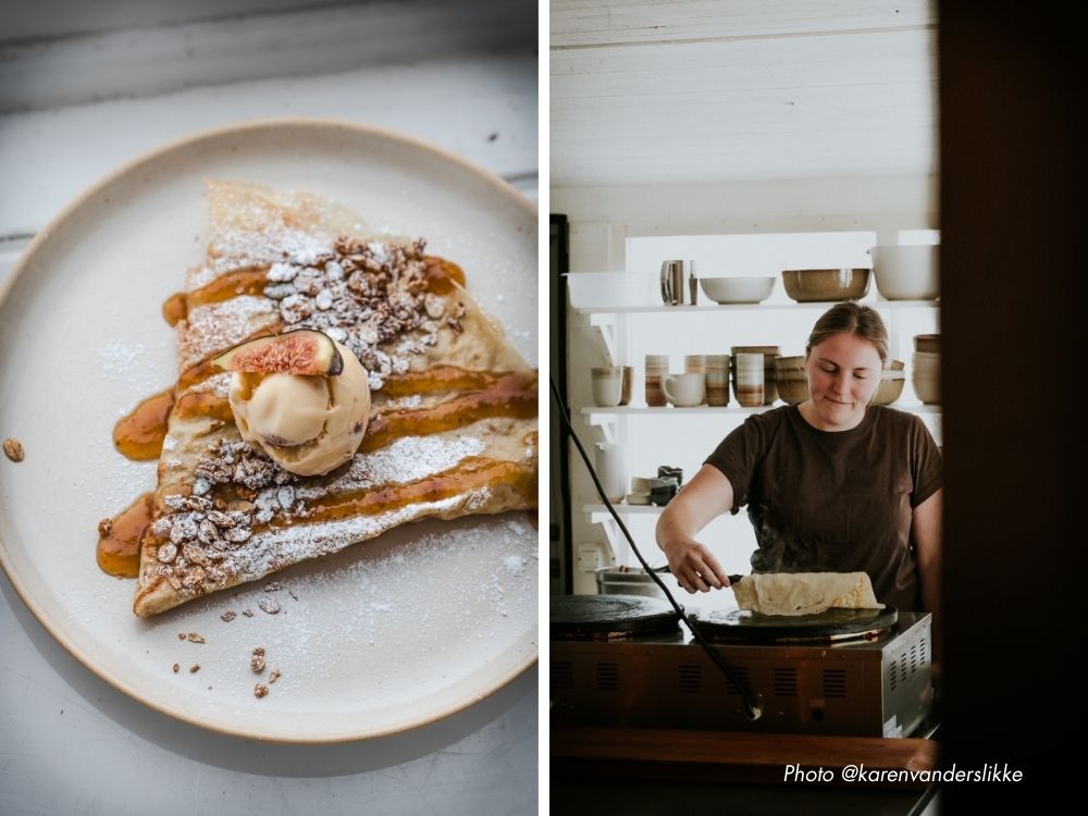 Crepe med fikonglass och tillagning av Crepe hos Creperie Paradis på Öland