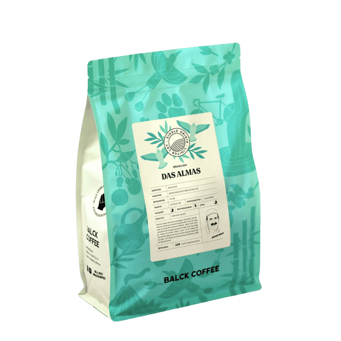 Påse med Das Almas-kaffe från Balck Coffee, specialkaffe från Brasilien med toner av jordgubbar och mjölkchoklad.